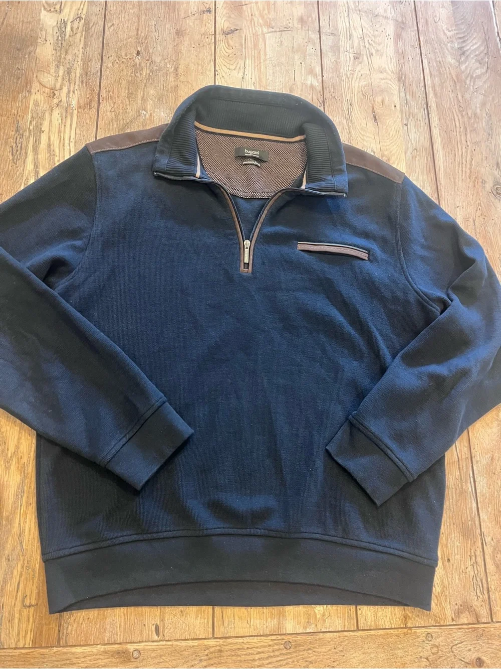 Bugatti Men’s Blue 1/4 Zip Mock Neck Knit Sweatshirt Logo Size XL Suede Accents